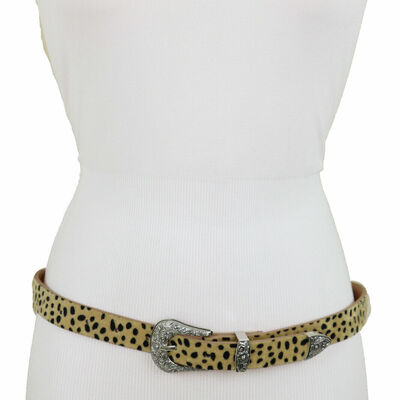 Women animal print leopard cheetah beige narrow band belt western buckle fit m l