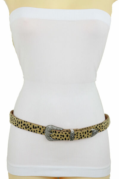 Women Animal Print Leopard Cheetah Beige Narrow Band Belt Western Buckle Fit M L