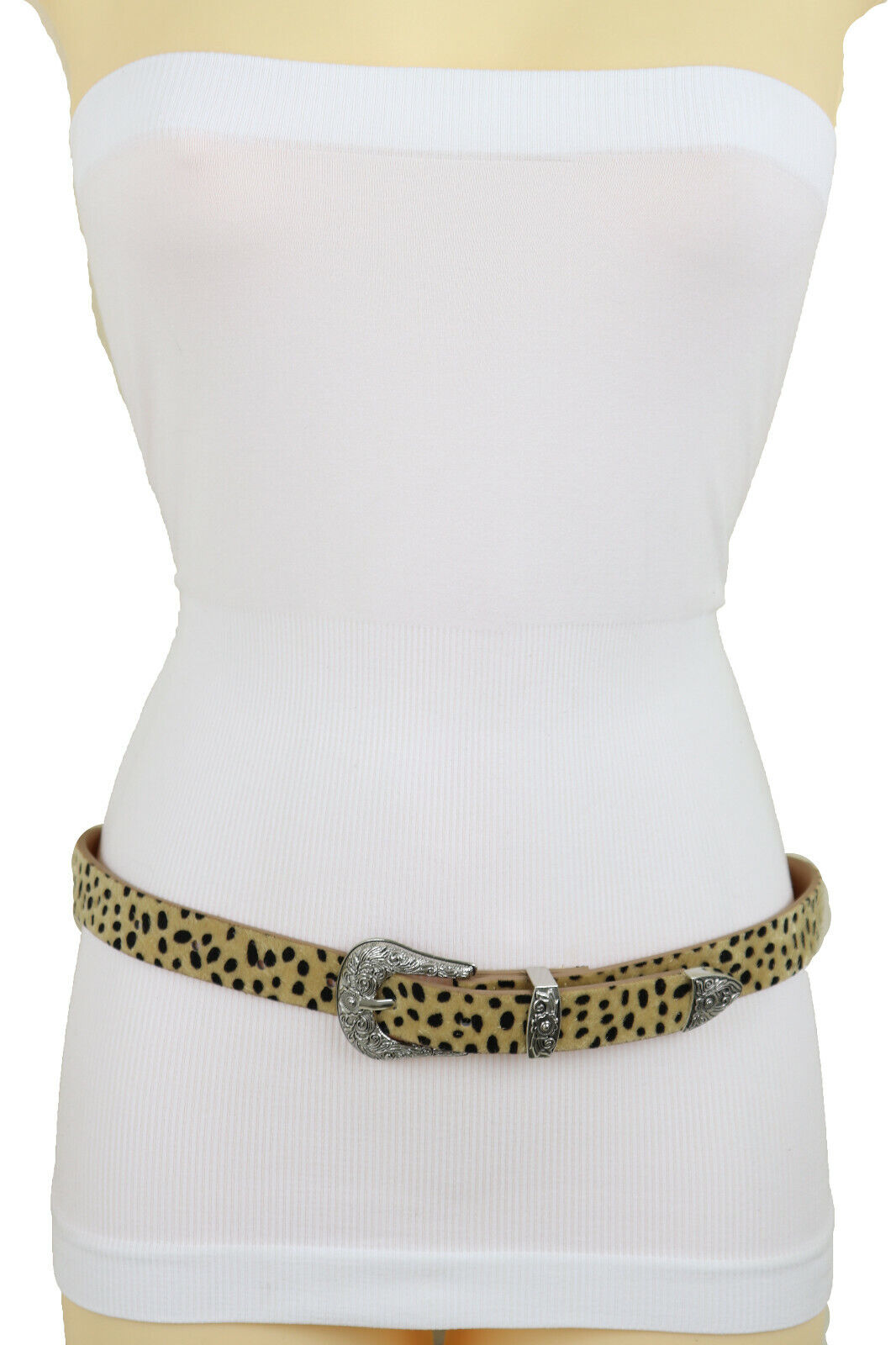 Women Animal Print Leopard Cheetah Beige Narrow Band Belt Western ...