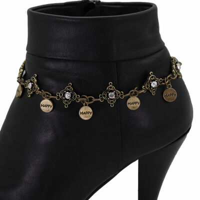 Women antique gold rusty metal chain boot bracelet shoe anklet bling happy charm