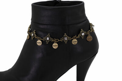 Women Antique Gold Rusty Metal Chain Boot Bracelet Shoe Anklet Bling HAPPY Charm