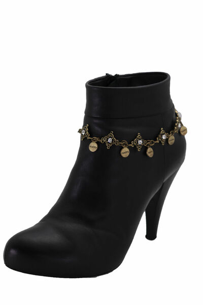 Women Antique Gold Rusty Metal Chain Boot Female Bracelet Shoe HAPPY Charm Biker