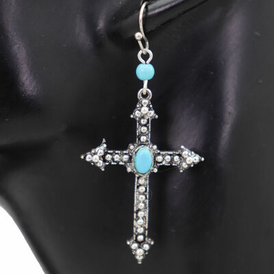 Women antique silver metal pointy cross earrings turquoise blue color beads