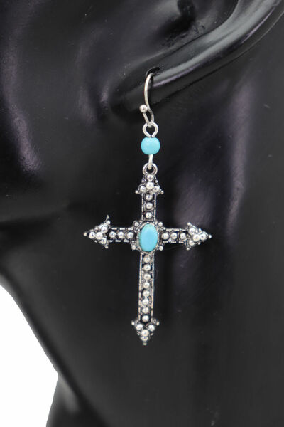 Women Antique Silver Metal Pointy Cross Earrings Turquoise Blue Color Beads