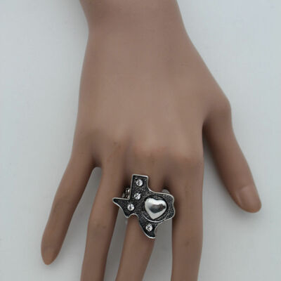 Women antique silver metal texas state map love heart fashion ring elastic band