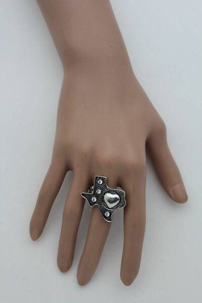 Women Antique Silver Metal Texas State Map Love Heart Fashion Ring Elastic Band