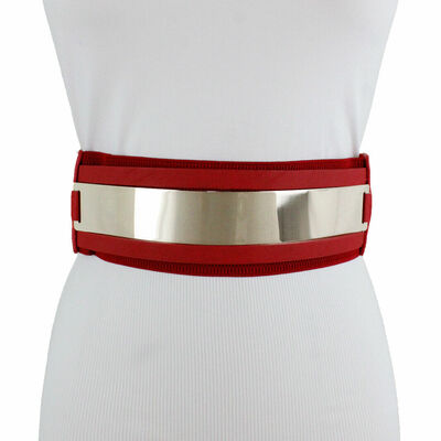 Women belt hip waist gold metal plate red elastic wide elastic band size s m