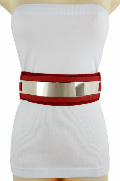 Women Belt Hip Waist Gold Metal Plate Red Elastic Wide elastic Band Size S M