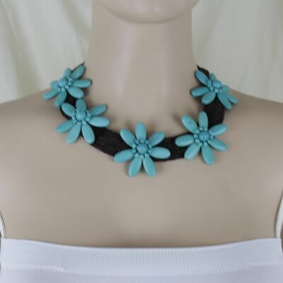 Women artsy brown bohemian classy fashion necklace turquoise blue flower charms