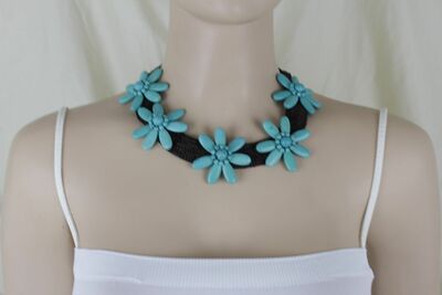 Women Artsy Brown Bohemian Classy Fashion Necklace Turquoise Blue Flower Charms