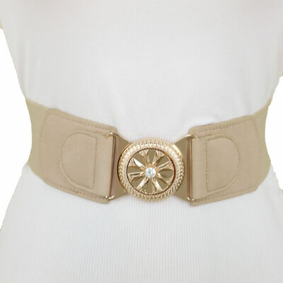 Women beige elastic belt hip high waist gold metal flower buckle s m