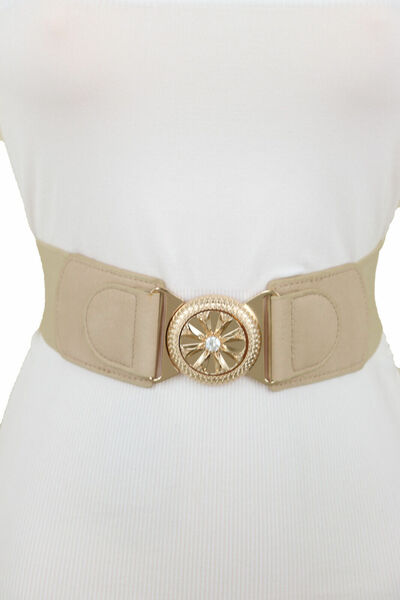 Women Beige Elastic Belt Hip High Waist Gold Metal Flower Buckle S M