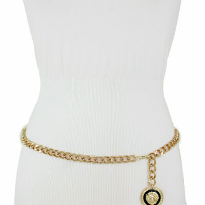 Women fashion belt hip waist gold metal chain waistband lion buckle m l xl