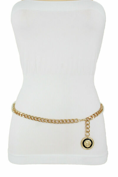 Women Fashion Belt Hip Waist Gold Metal Chain Waistband Lion Buckle M L XL