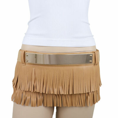 Women beige faux leather mini skirt tie fringes tassel sexy belt gold metal s m