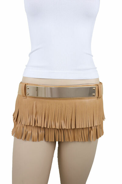 Women Beige Faux Leather Mini Skirt Tie Fringes Tassel Sexy Belt Gold Metal S M