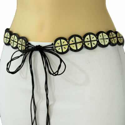 Women beige japanese narrow wood plate fashion tie skinny belt round charms s m