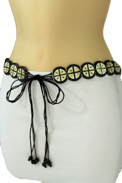 WOMEN BEIGE JAPANESE NARROW WOOD PLATE FASHION TIE SKINNY BELT ROUND CHARMS S M