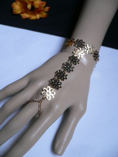 Women GOLD FLOWER HAND LINKS CHAIN FASHION JEWELRY BRACELET WRIST RING