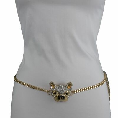 Women gold metal chain bulldog charm waist hip fashion belt plus size xl xxl