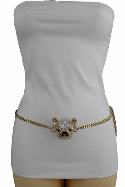 Women Gold Metal Chain Bulldog Charm Waist Hip Fashion Belt Plus Size XL XXL