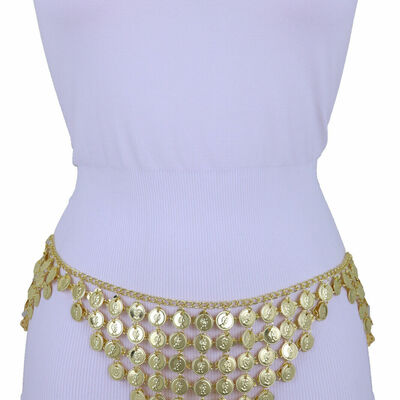 Women belly dancing ethnic style belt wide band gold metal chain coin charms s m