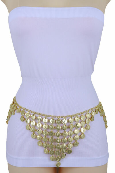 Women Belly Dancing Ethnic Style Belt Wide Band Gold Metal Chain Coin Charms S M
