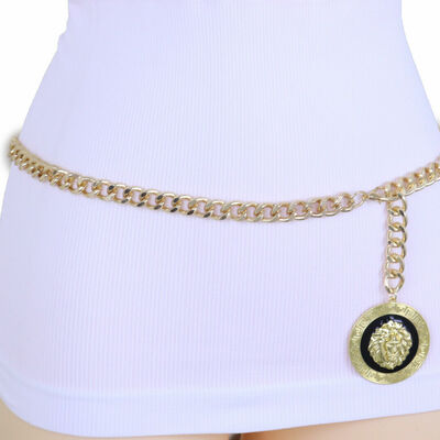 Women gold metal chain narrow bling belt lion charm designer inspired xl xxl