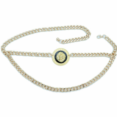 Women hip high waist band belt gold metal chain lion bling charm size xs s m