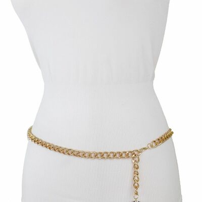 Women belt fancy fashion narrow gold metal chain bling disco ball buckle m l xl