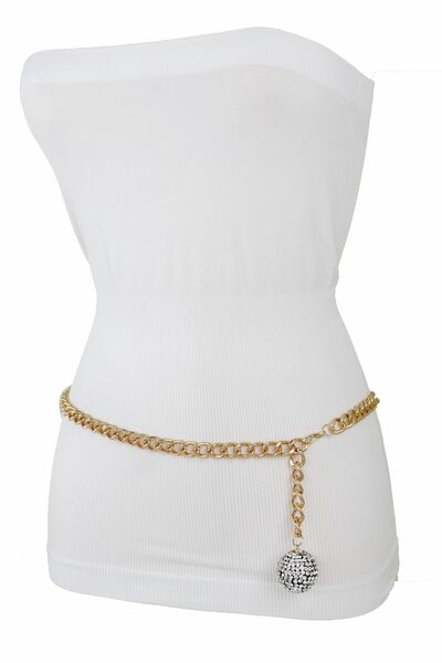 Women Belt Fancy Fashion Narrow Gold Metal Chain Bling Disco Ball Buckle M L XL