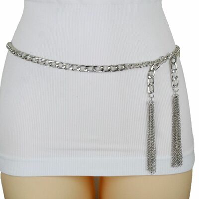 Women belt gold silver metal chain narrow fashion tassel fringes size xs s m l