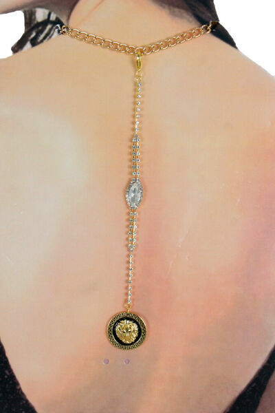 Women Sexy Fashion Gold Metal Lion Charm Open Back Pendant Hook On Necklace