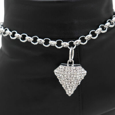 Women silver metal chain boot bracelet shoe anklet diamond shape charm bling