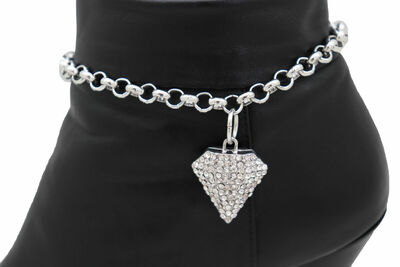 Women Silver Metal Chain Boot Bracelet Shoe Anklet Diamond Shape Charm Bling
