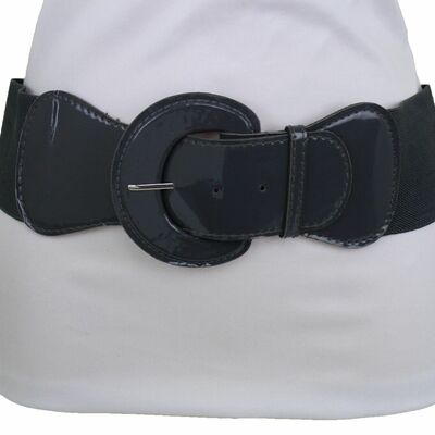 Women belt hip waist elastic fashion charcoal gray faux patent leather xs s m