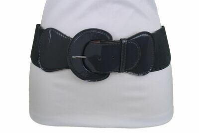 Women Belt Hip Waist Elastic Fashion Charcoal Gray Faux Patent Leather XS S M