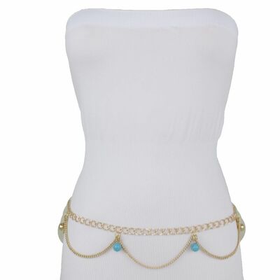 Women belt hip waist gold metal chain waves strands blue ball charms plus m l xl