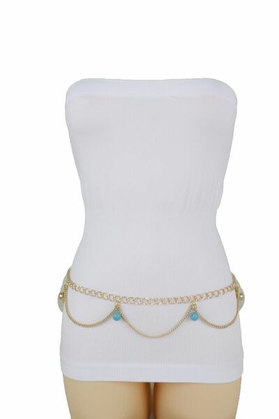 Women Belt Hip Waist Gold Metal Chain Waves Strands Blue Ball Charms Plus M L XL