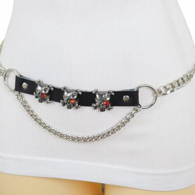 Women belt hip waist silver metal chain skull skeleton pirate charms fit xl xxl