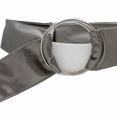 Women belt silver big metal buckle wide faux leather metallic pewter gray s m l