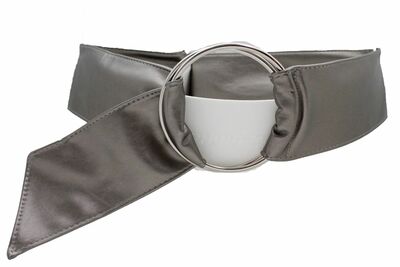 Women Belt Silver Big Metal Buckle Wide Faux Leather Metallic Pewter Gray S M L