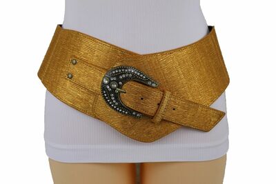 Women Belt Waist Hip Wide Western Metallic Shiny Wet Gold Bling Buckle Sexy S M