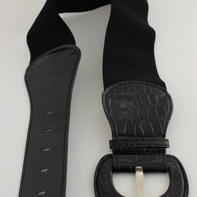 Women belt wide stretch black faux leather hip high waist big buckle size xs s m