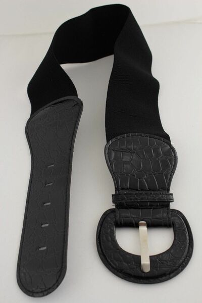Women Belt Wide Stretch Black Faux Leather Hip High Waist Big Buckle Size XS S M