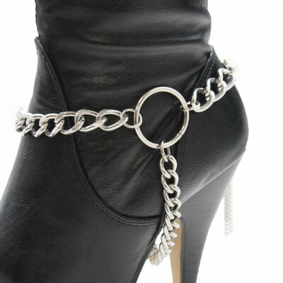 Women biker boot bracelet silver metal chain rider shoe charm long fringes ring