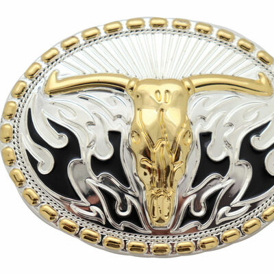 Men buckle silver metal western fashion gold bull skull long horns flaming texas