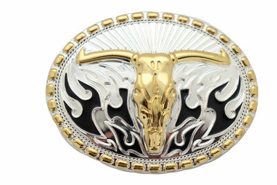 Men Buckle Silver Metal Western Fashion Gold Bull Skull Long Horns Flaming Texas