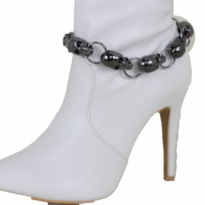 Women black boot chain anklet bracelet shoe skull charm biker rider gothic style