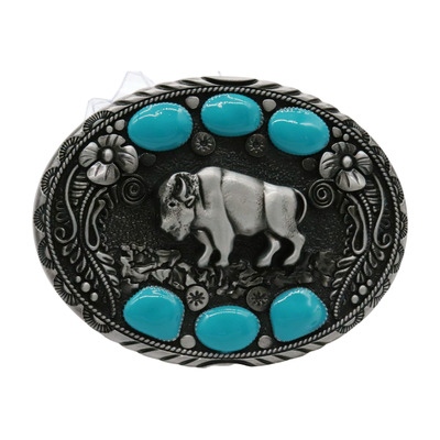 Men buffalo ox silver metal belt buckle bull turquoise blue southwestern tx mn